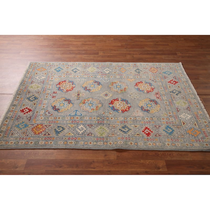 Traditional Kazak Area Rug Hand-Knotted Grey Wool Carpet - 4'0" x 5'11"