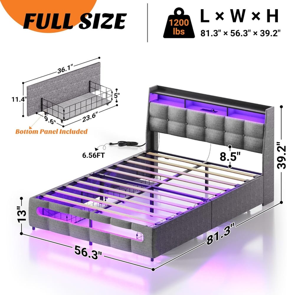 Bed Frame with Upholstered Headboard and 4 Drawers,Plateform Bed with Charging Station and RGB LED Lights