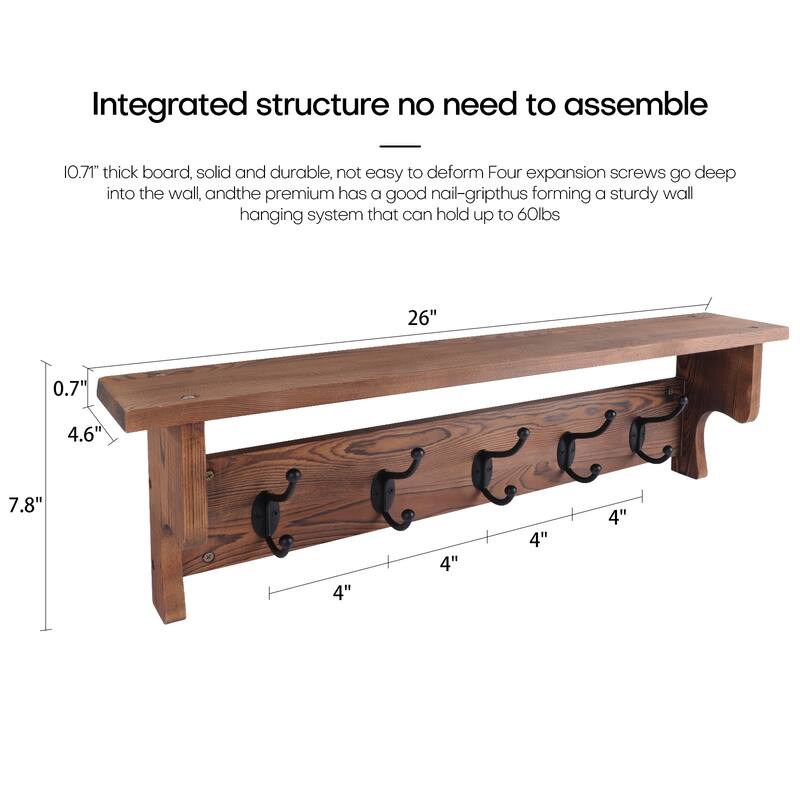 Rustic Wall Mounted Coat Rack with Storage Shelf & Metal Hooks