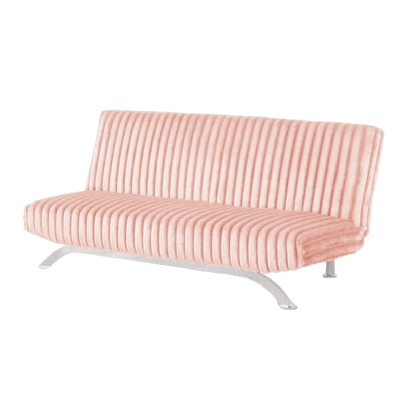 Villy Futon Sofa Bed, Chrome Metal Legs, Pink Channel Tufted Fabric