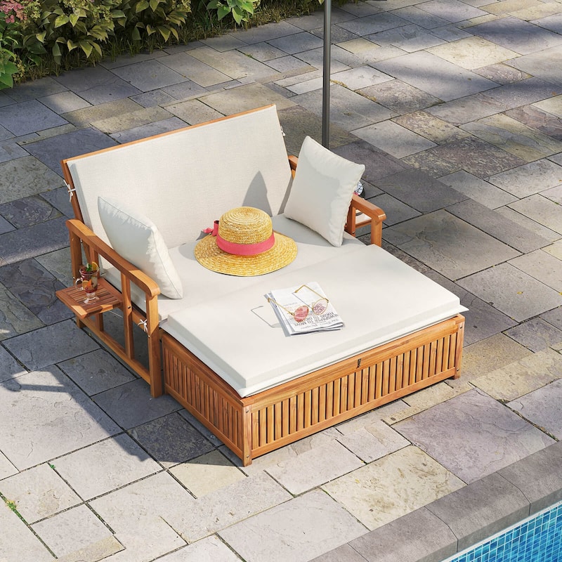 Outdoor Acacia Wood Daybed Wood Patio Loveseat Sofa w/ Storage Ottoman