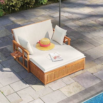 Outdoor Acacia Wood Daybed Wood Patio Loveseat Sofa w/ Storage Ottoman