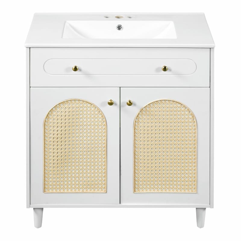 30" Bathroom Vanity with Ceramic Sink, Solid Wood Cabinet, Adjustable Shelf, Tip-Drawer & Rattan Panels