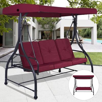 Red Burgundy Wine 3 Seat Cushioned Porch Patio Canopy Swing Chair - 73" x 44" x 68" (L x W x H)