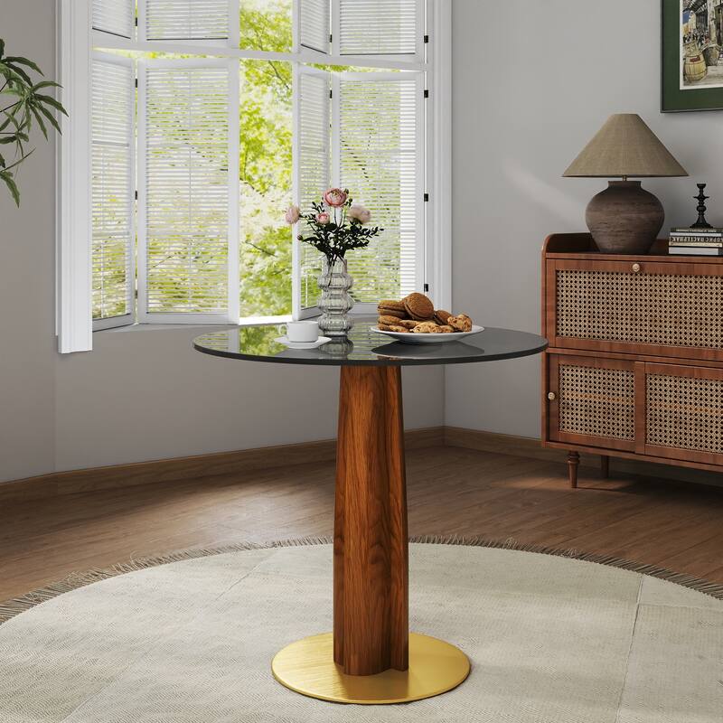 Modern Round Dining Table, 33.5" Tempered Glass Table with Wooden Leg & Gold Base, 2 - Person Kitchen Table for Small Space