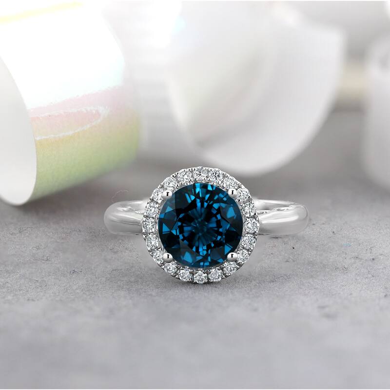 Auriya 2 1/2ct Round London Blue Topaz and Halo Diamond Engagement Ring 1/4ctw 14k Gold