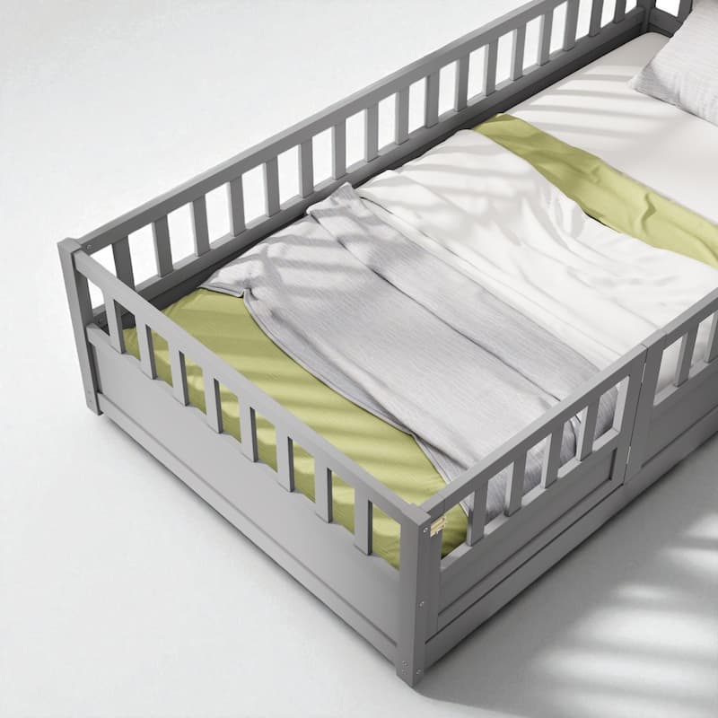 Montessori Twin/Full Size Wooden Floor Bed with Safety Fence and Door, Low Platform Bed Frame for Kids Toddlers
