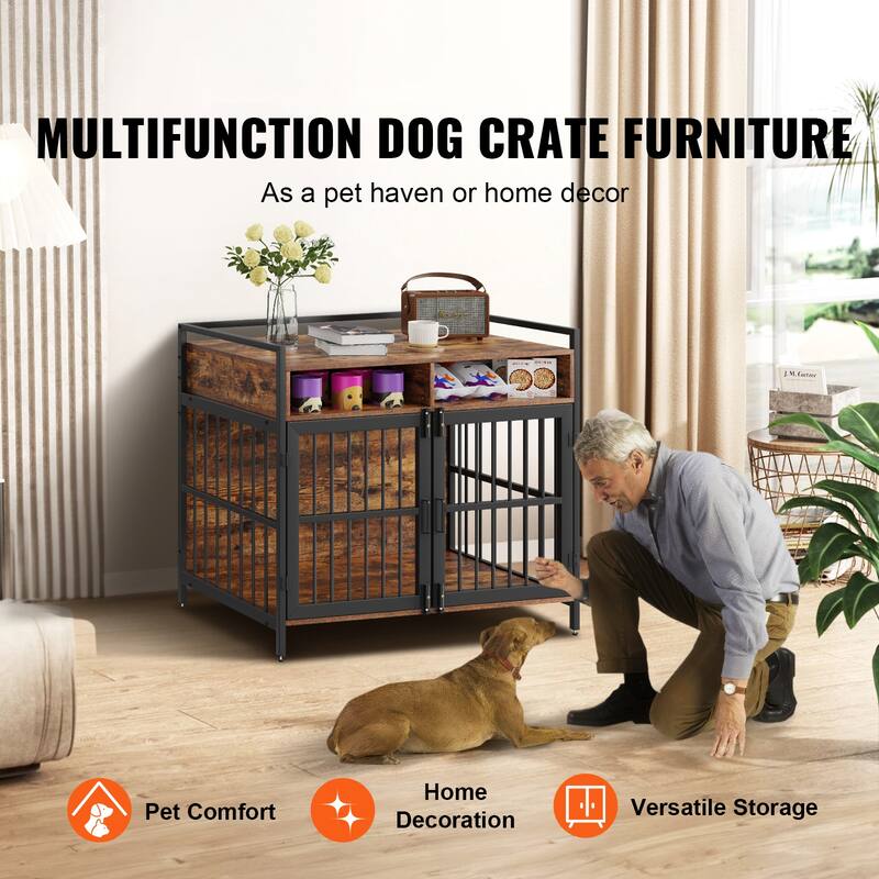 Furniture Style Dog Crate with Storage, 41 inch Dog Crate Furniture Large Breed with Double Doors, Wooden Dog Cage - 41 inch