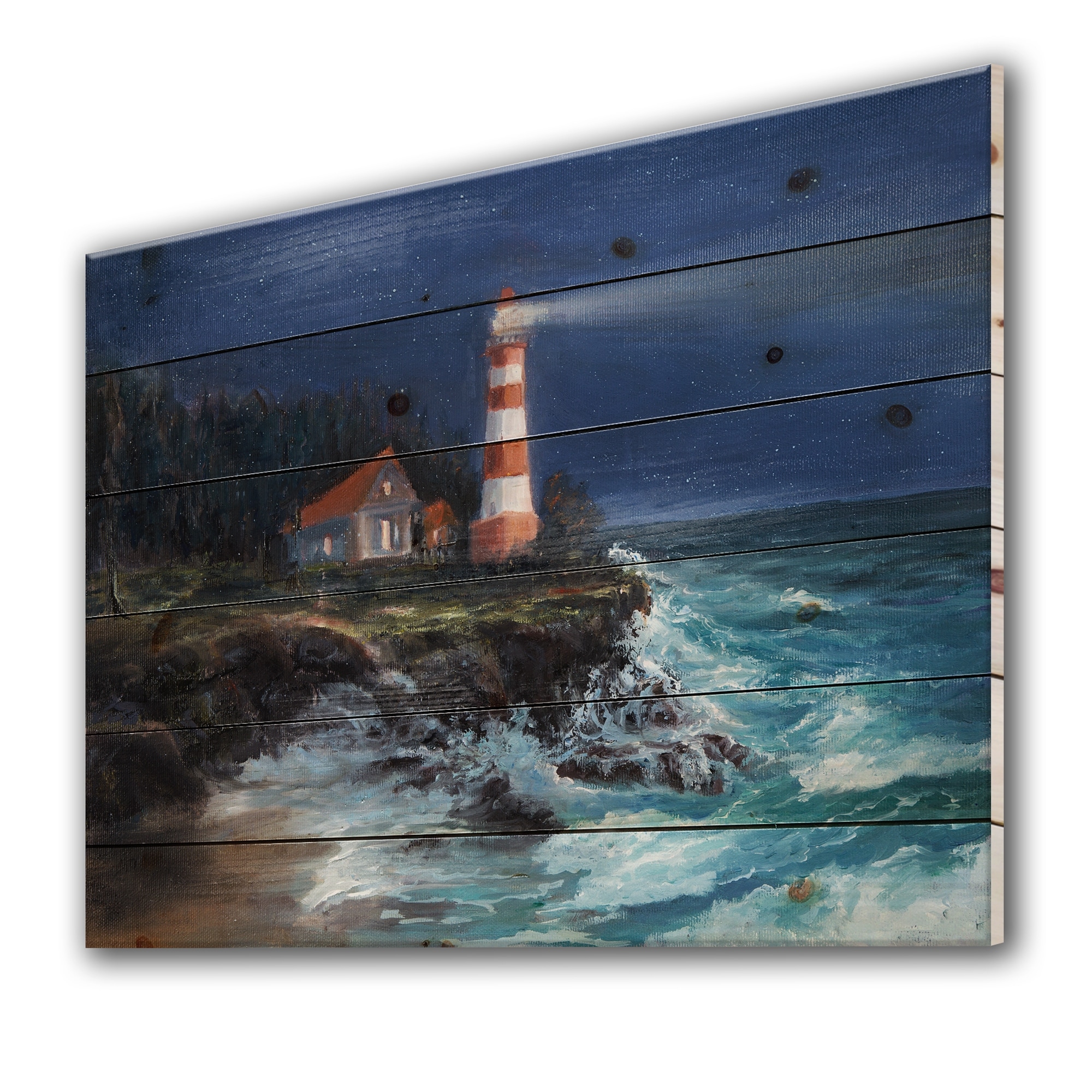 Designart 'Lighthouse Shining Over Ocean At Night' Nautical-image