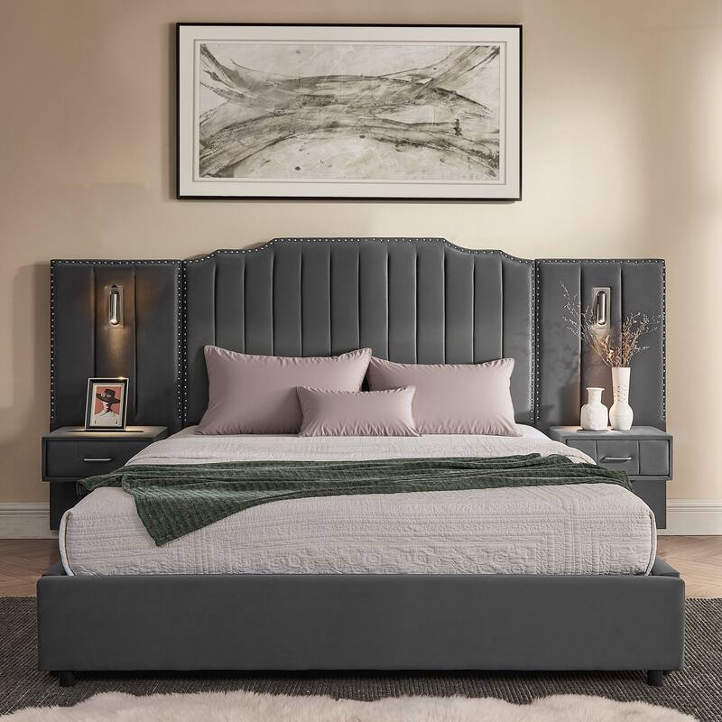 Queen Size Upholstered Bed Frame , Vertical Stripe Design with Buttons Around Platform Bed with Headboard