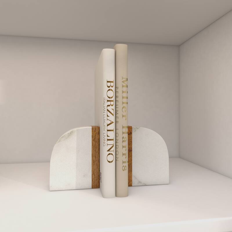 White Marble 5 lbs Decorative Bookends with Wood Details (Set of 2)
