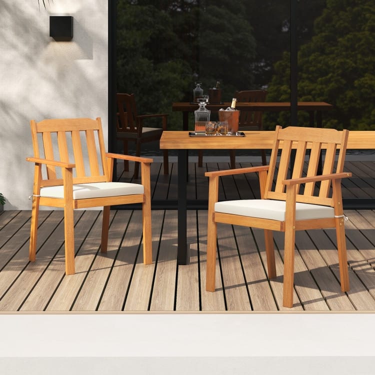 Natural-White Acacia Wood Patio Dining Chairs Set of 2 with Padded Cushions - 22.5" x 23" x 34"(L x W x H)