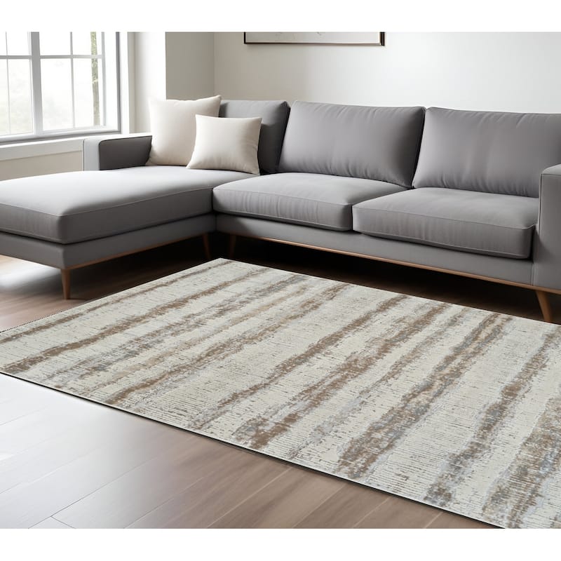Bilar Abstract Modern Non Skid Stain Resistant Woven Durable Area Rug By HomeRoots - 94.88' X '94.88' X '0.43 - Cream/Onyx - Rectangle