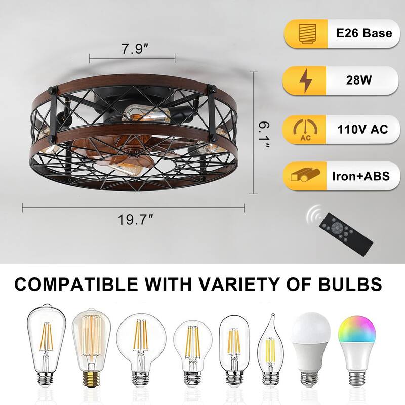 Cusp Barn 20 Inch Caged Reversible Flush Mount Ceiling Fans with Light and Remote for Living or Dining Rooms and Bedrooms