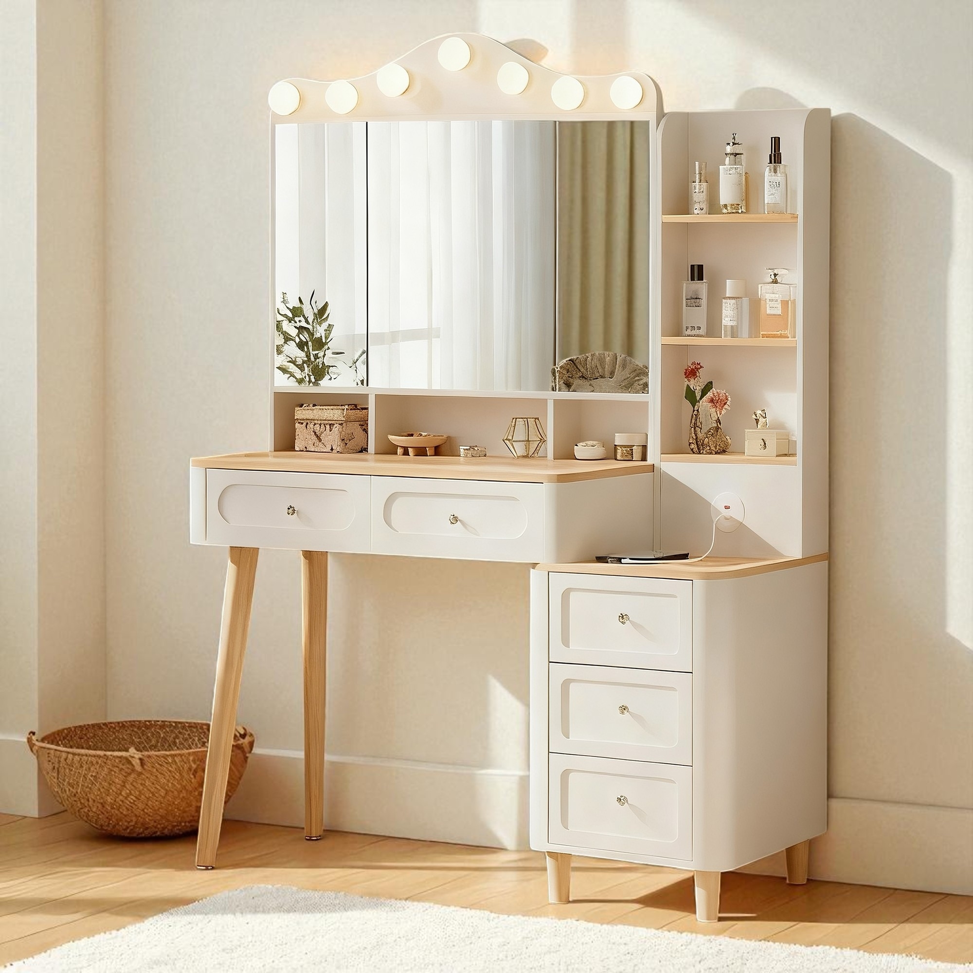 Makeup Vanity Desk with Tri-Fold LED Mirror, USB Charging Ports, 2 Drawers and 3-Drawer Chest