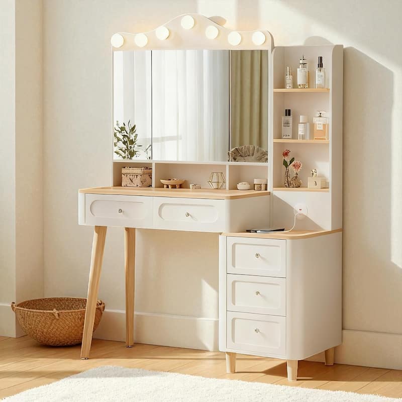 Makeup Vanity Desk with Tri-Fold LED Mirror, USB Charging Ports, 2 Drawers and 3-Drawer Chest - White