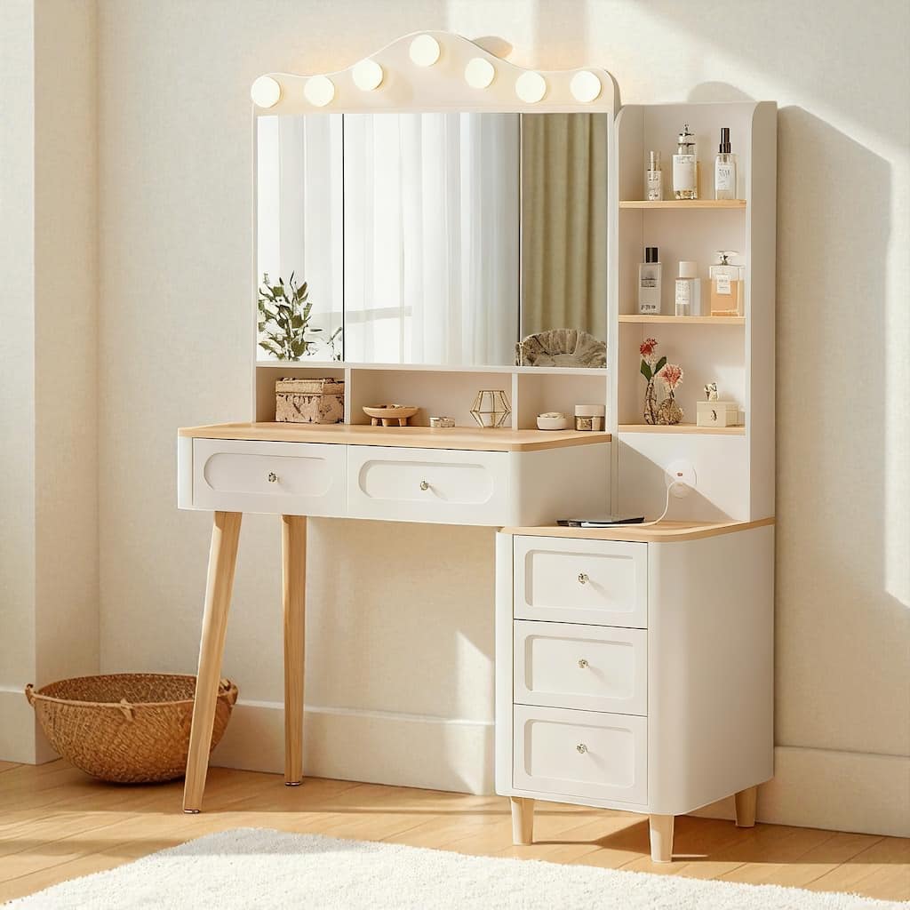 Makeup Vanity Desk with Tri-Fold LED Mirror, USB Charging Ports, 2 Drawers and 3-Drawer Chest