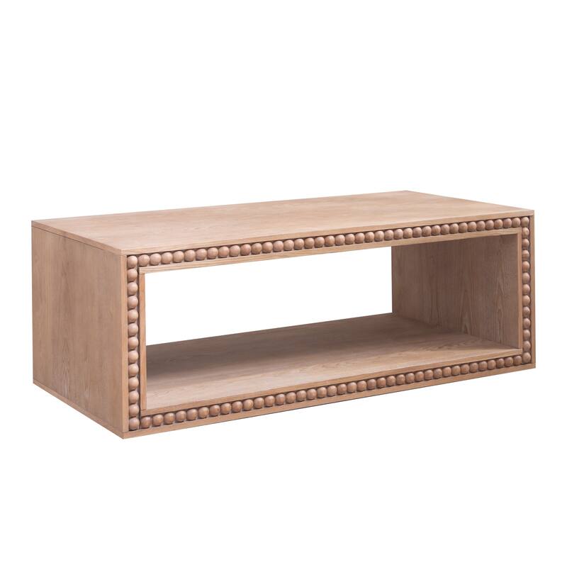Beaded Trim Wood Coffee Table with Open Shelf
