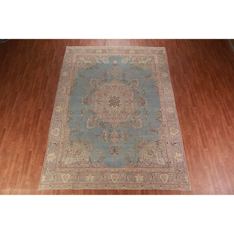 Light Blue Medallion Tabriz Persian Vintage Rug Handmade Wool Carpet - 9'2" x 12'5"