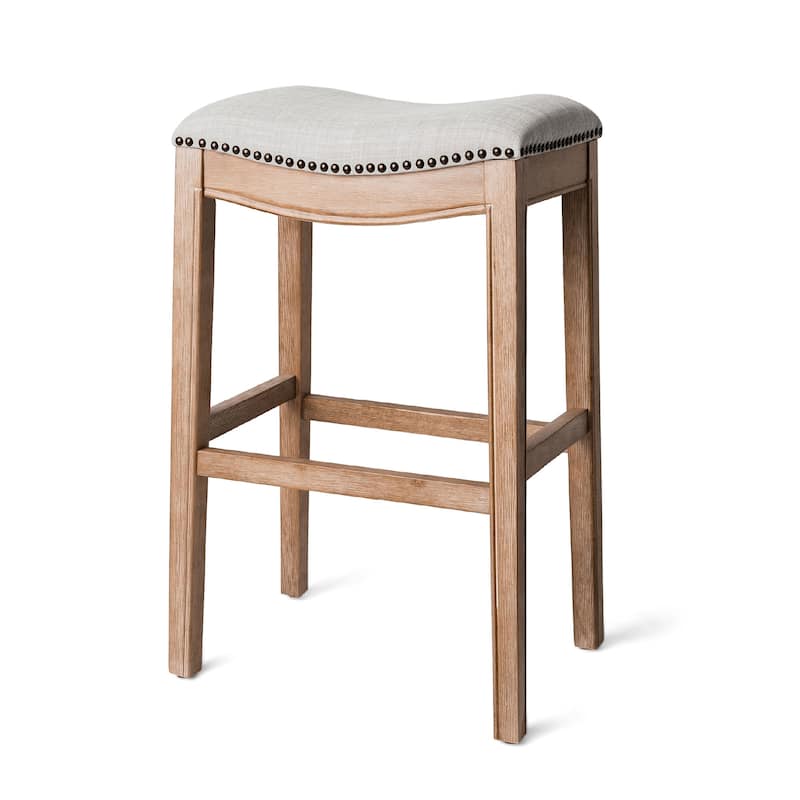 Maven Lane Adrien Backless Saddle Kitchen Counter Stool in Walnut Finish w/ Grey Fabric Upholstery - Weathered Oak - Bar Height