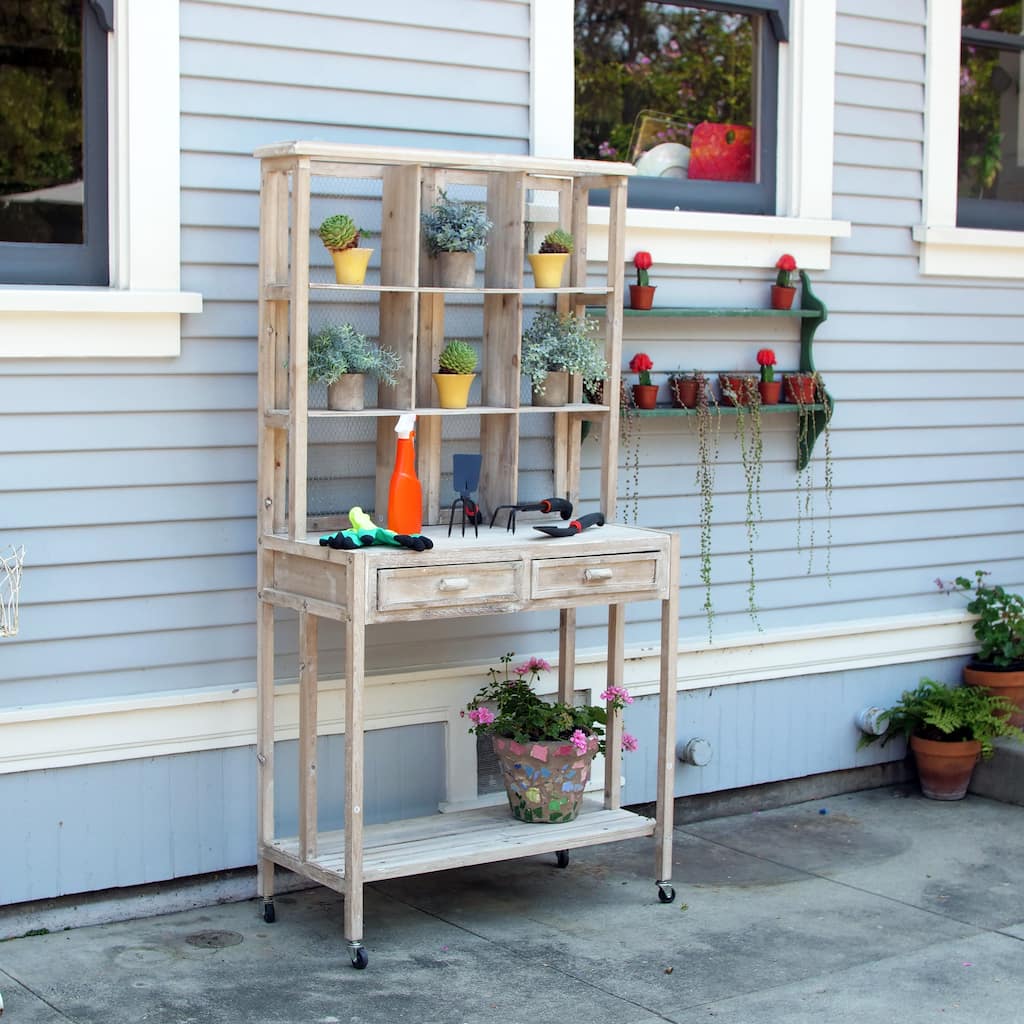 Alpine Corporation 67" Tall Indoor/Outdoor Rustic Wooden Potting Hutch with Shelves and Drawers