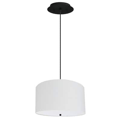 16" W 2 Light Pendant White Linen Drum Shade with Diffuser, Black Cord