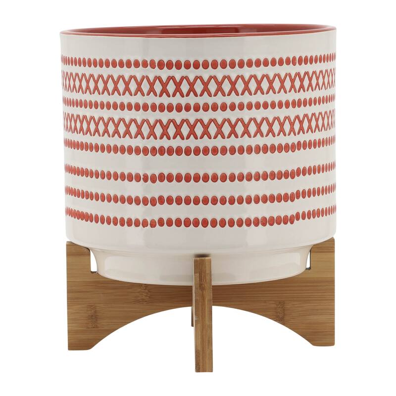 Off-white with Orange Design Ceramic Planter on Wood Stand - 10.0" x 10.0" x 12.0"