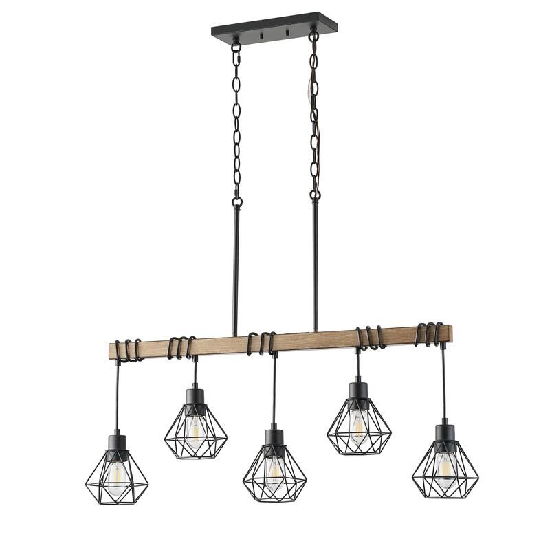 Industrial 5-Light Black Metal Cage Chandelier with Faux Wood Beam
