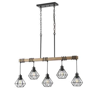 Industrial 5-Light Black Metal Cage Chandelier with Faux Wood Beam