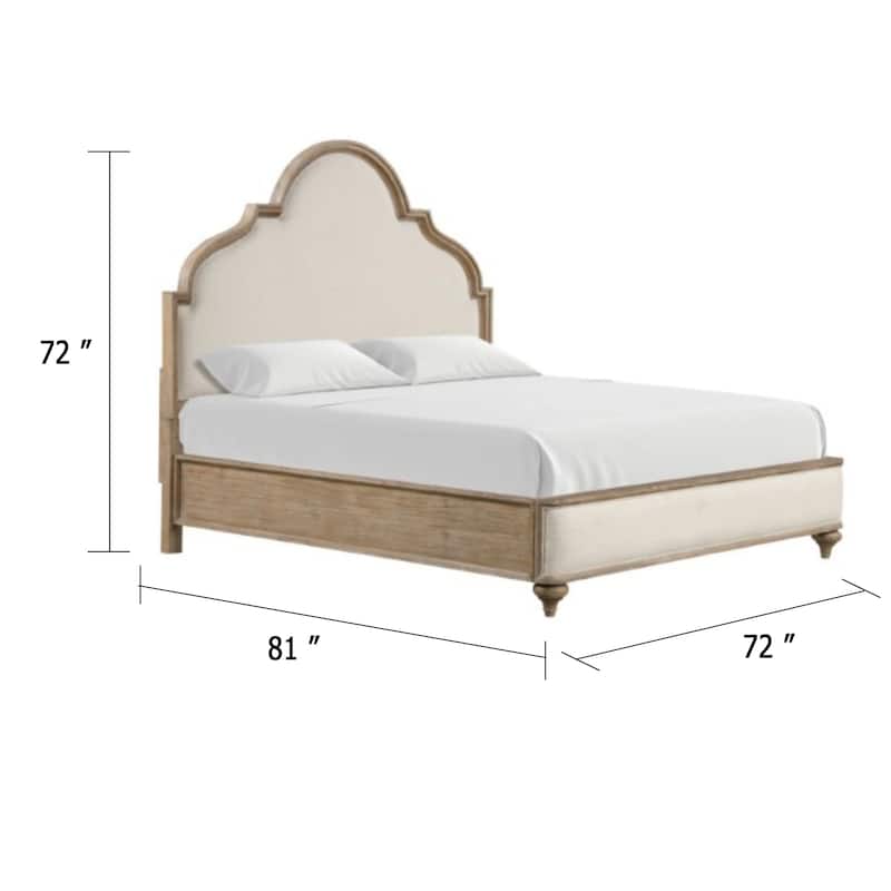Lyla Queen Bed, Scalloped Ivory Upholstery, Rustic Oak Solid Wood