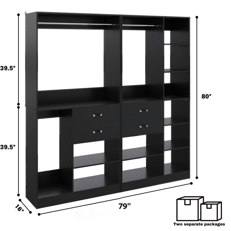 79''W Set of 2 Freestanding Closet System with Drawers, Reversible Wardrobe for Walk-in/ Reach-in Closet