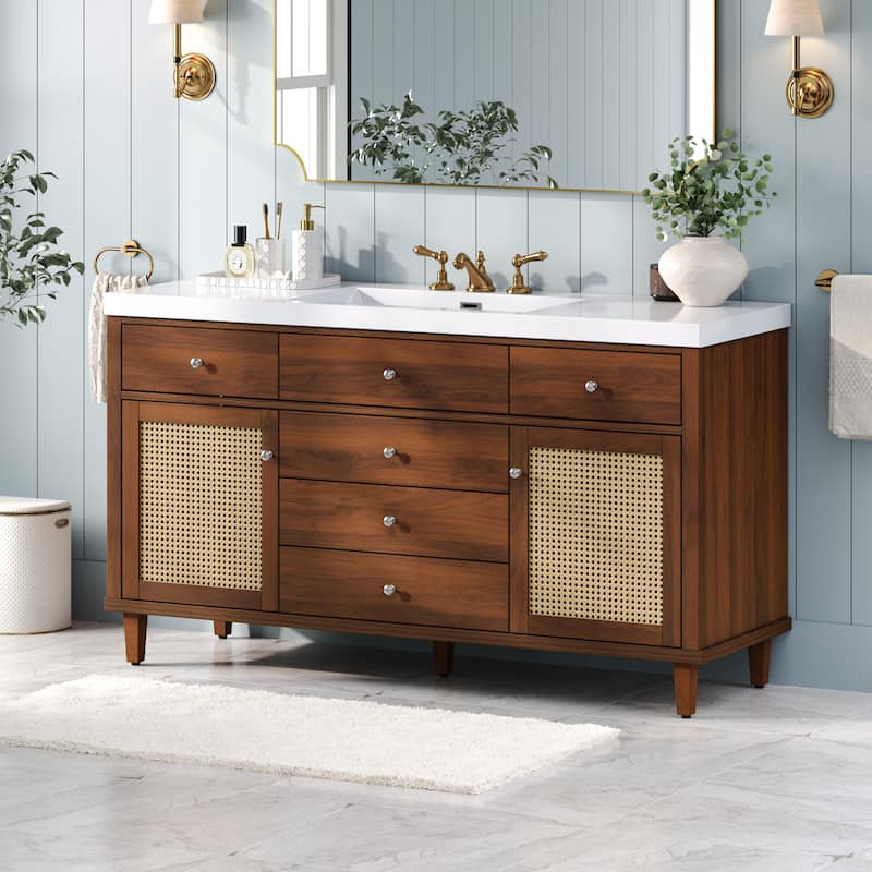Christopher Knight Home - Emery 60" Bathroom Vanity with SMC Sink, Natural Finish for Modern Large Storage Cabinet