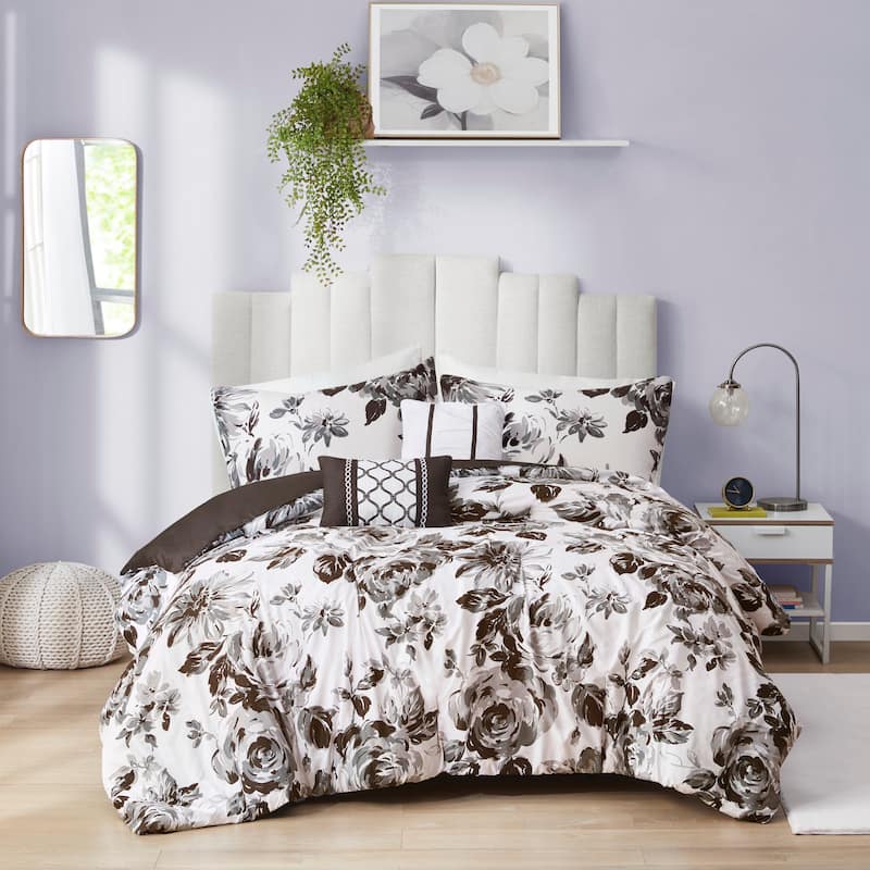 Renee Black/ White Floral Print Comforter Set by Intelligent Design - King - Cal King