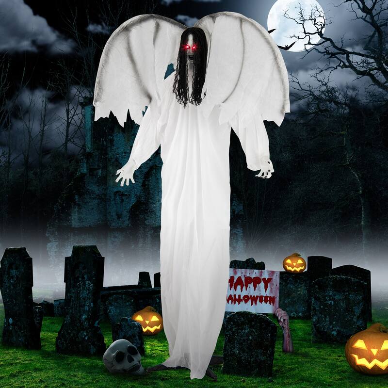 White Metal Fabric Animated Halloween Angel Prop with Wings and Sound