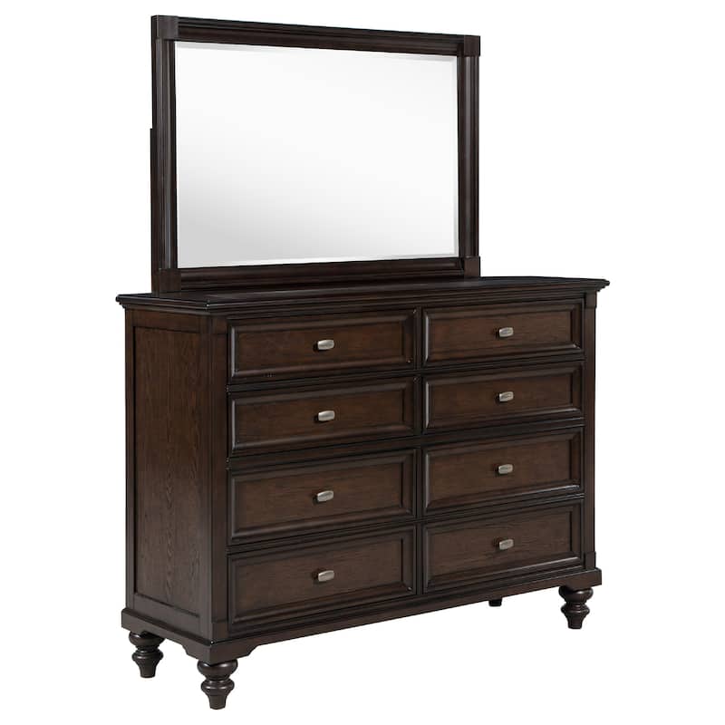 Meon Wide Dresser with Mirror, 8 Drawers, Classic Dark Oak Brown Wood