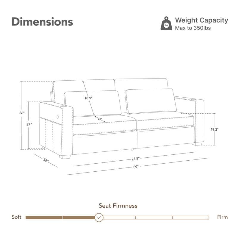 Spruce & Spring Ezra 89" Modern High Back Living Room Sofa with USB & Cup Holders