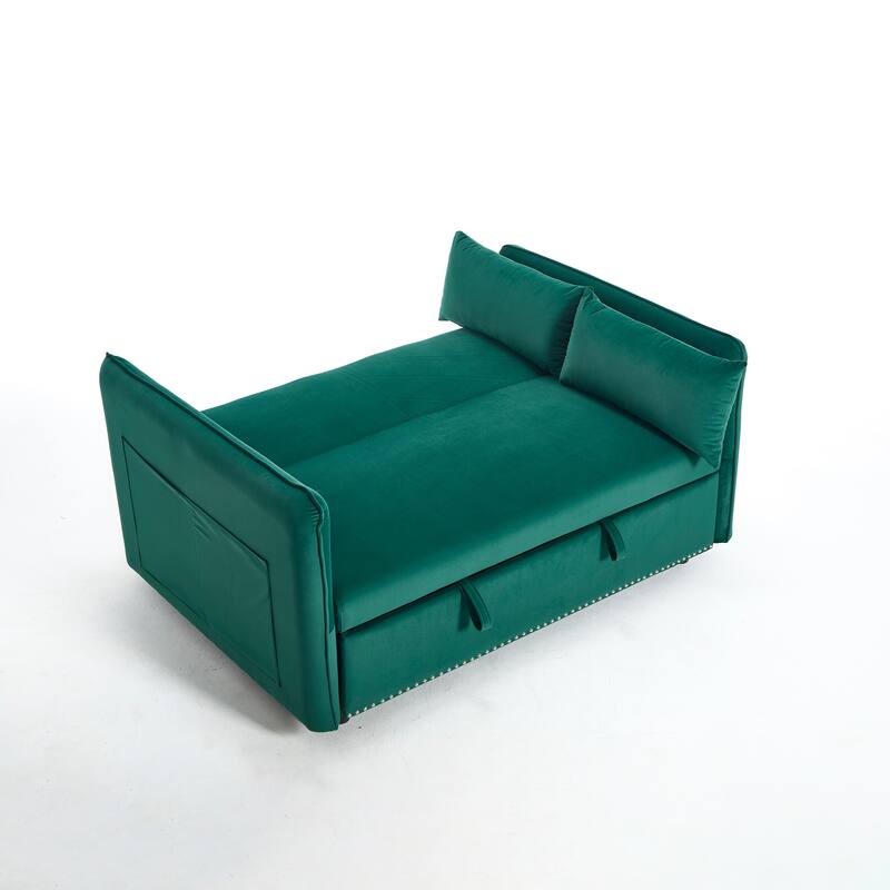 55" Velvet Convertible 3-in-1 Sleeper Sofa Bed with Reclining Backrest, Side Pockets, and 2 Pillows