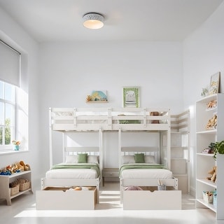 Full Over Twin & Twin Wood Triple Bunk Bed with Drawers and Guardrails, White