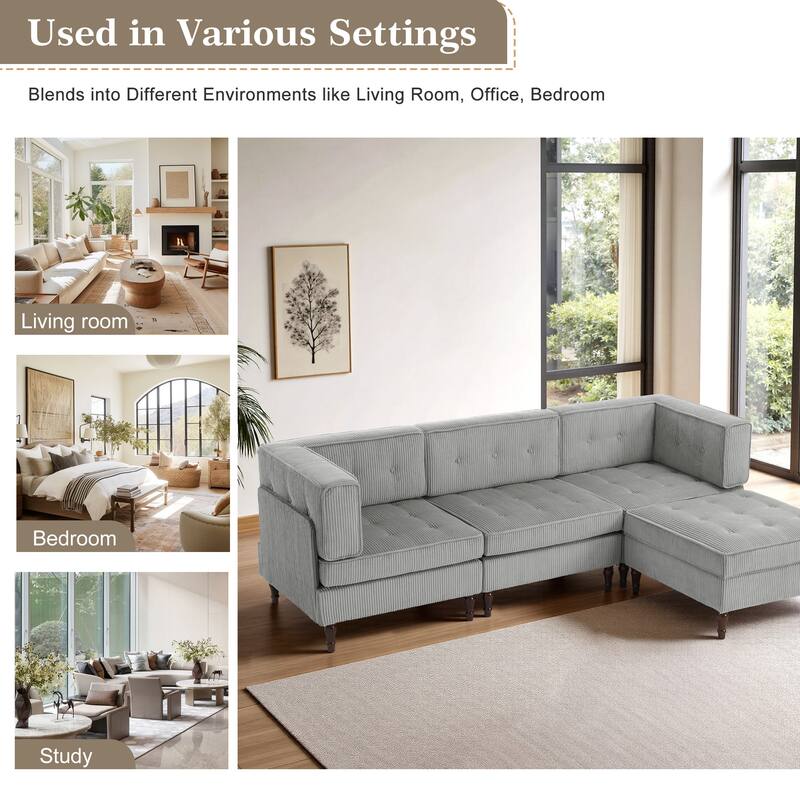 UIXE 4 - Piece Corduroy Sectional Sofa with Flip-Top Storage Ottoman Coffee Table