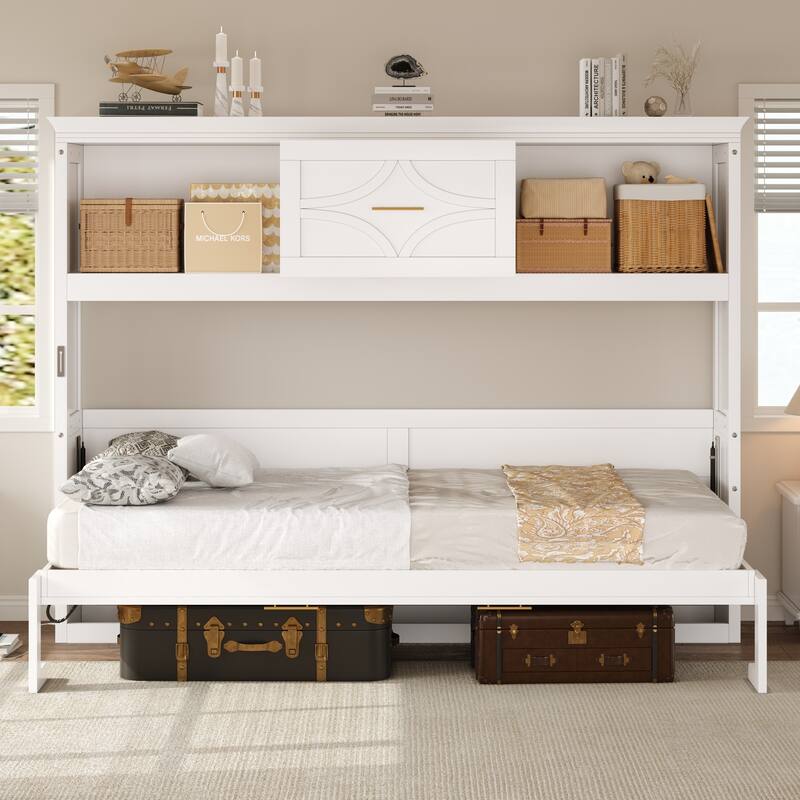 Compact Twin Murphy Bed with Charging Station, Drawer, and Storage Cabinets, White