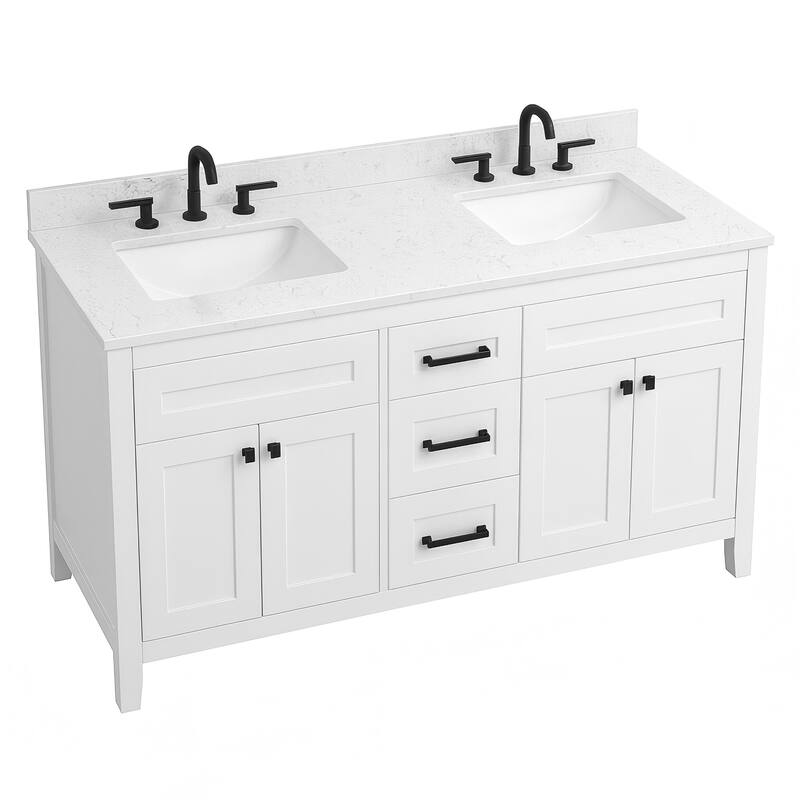 60" inch Freestanding Bathroom Vanity with Classical White Quartz Counter Top Ceramic Rectangular Sink - Classical White - Double Sink