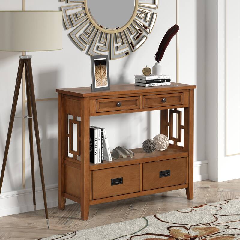 Wood Sofa Table with 4 Drawers and 1 Storage Shelf - Brown