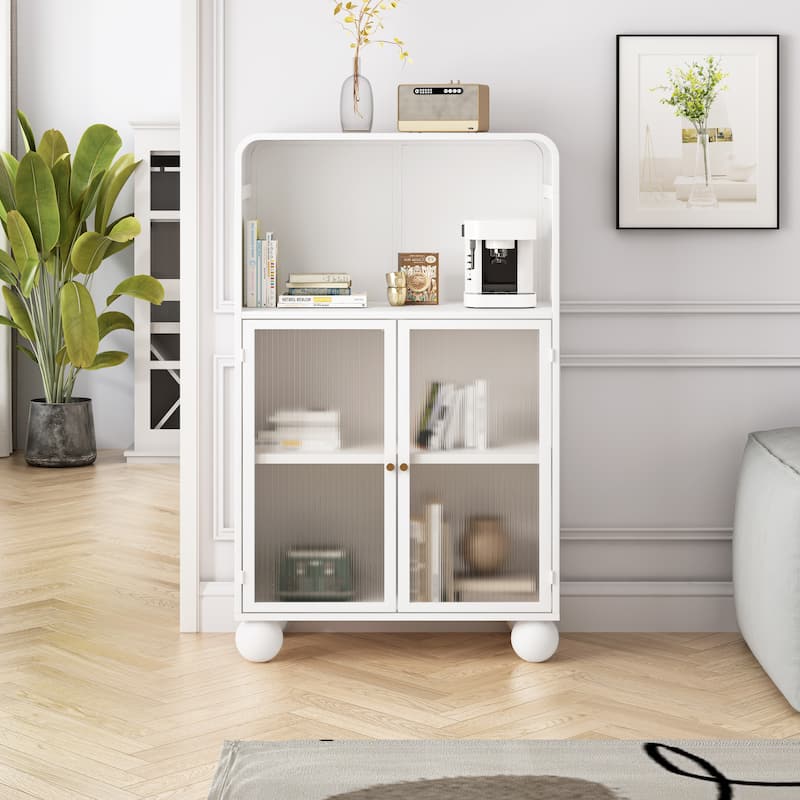 White Iron and Glass Modern Storage Cabinet with Shelves and Cupboard - 27.56” x 13.78” x 45.28”