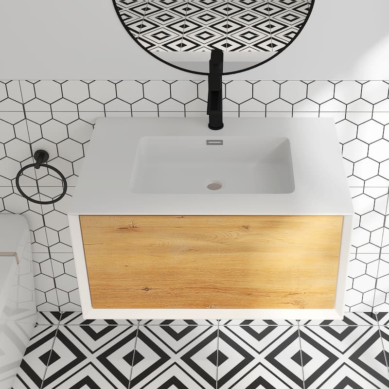 Wall-Mounted 1-drawer Bathroom Vanity Set in White and Oak with Integrated Solid Surface Sink