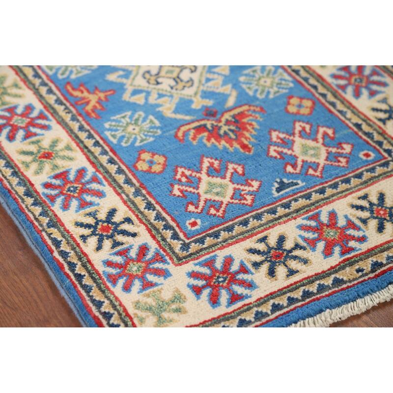 Blue Geometric Kazak Rug Hand-Knotted Oriental Wool Carpet - 2'0" x 2'11"