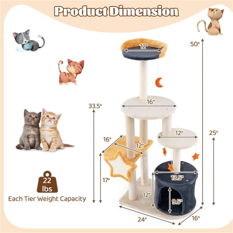 Cat Tree With Sisal Grab Post And Board - 24” x 16” x 50” (L x W x H)