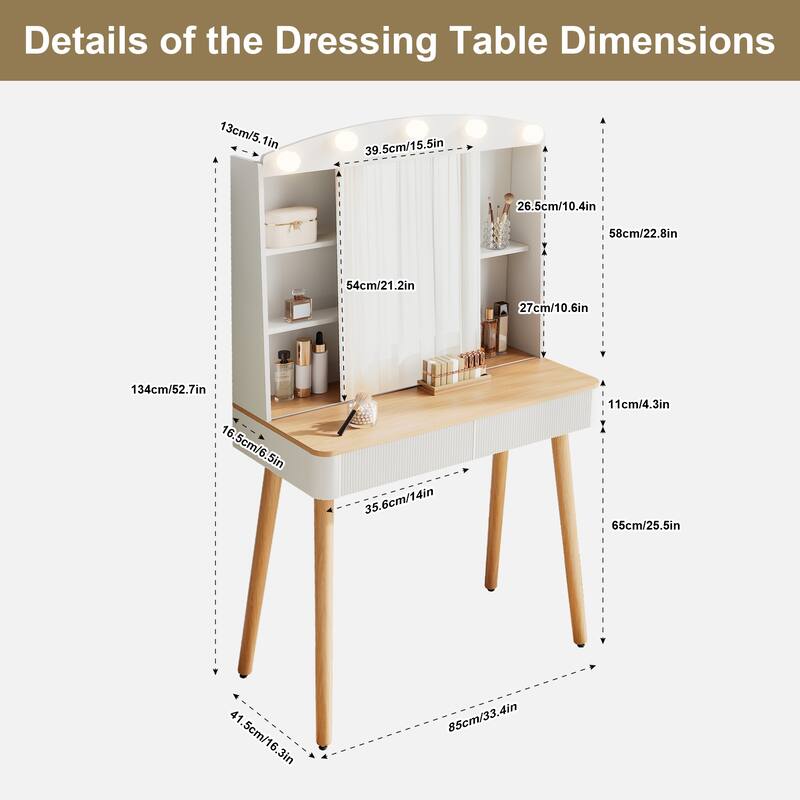 Small Vanity Desk with Mirror and Lights, Big-capacity Storage and Sliding Mirror, Vanity Set with Two Fluted Drawers
