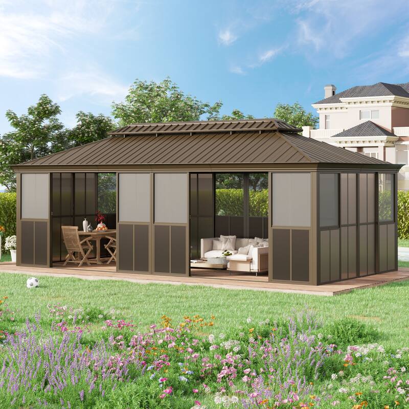 Hardtop Gazebo with Double Steel Roof, Sliding/Lockable Doors & Screens - All-Season Rustproof Aluminum Frame，Advanced Drainage