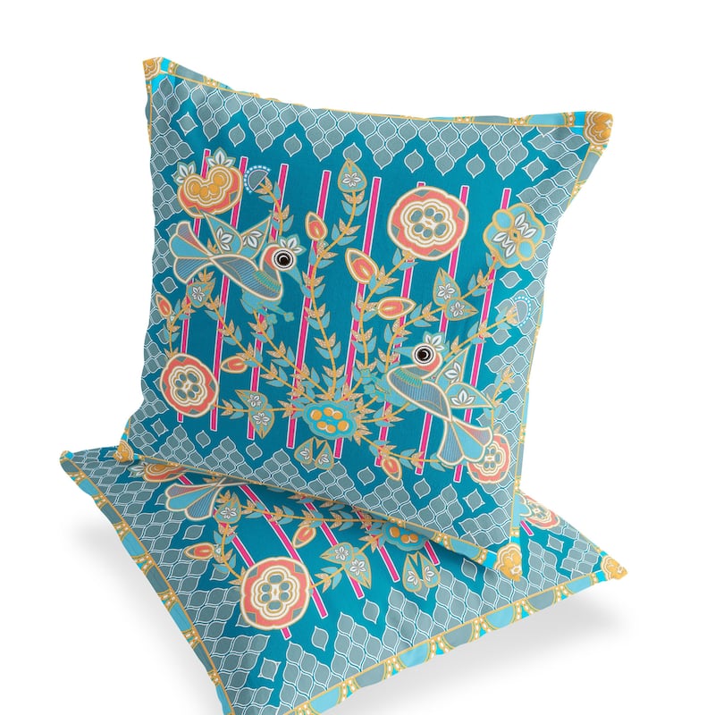 HomeRoots Set of Two 16" X 16" Blue and Gold Peacock Blown Seam Floral Indoor Outdoor Throw Pillow - 16.00' X '16.00' X '5.00