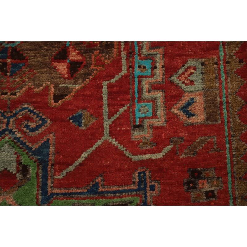 Hand Knotted Oriental 100% Wool Carpet Traditional Geometric Red Heriz Runner Rug - 10' 4'' X 3' 0''